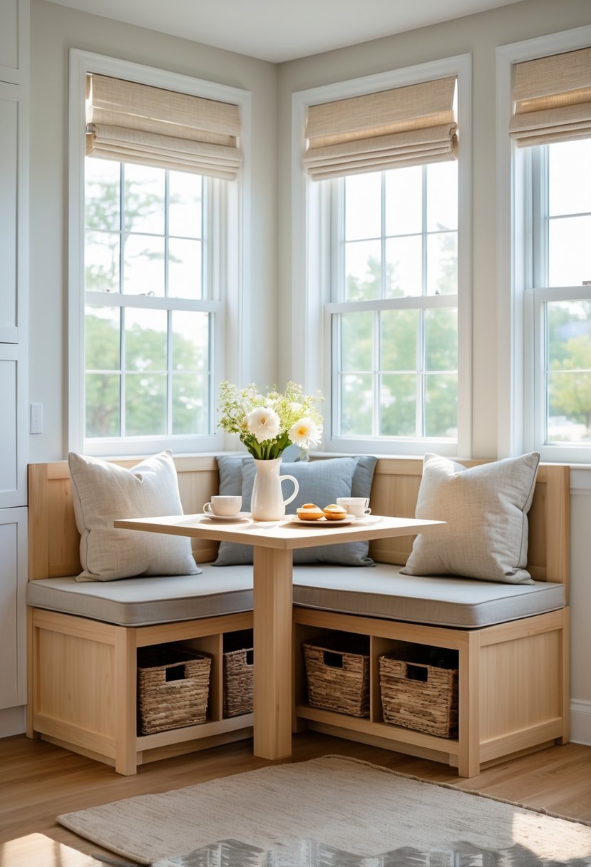 A corner breakfast nook with an L-shaped bench featuring storage baskets underneath and a small wooden table with breakfast items.