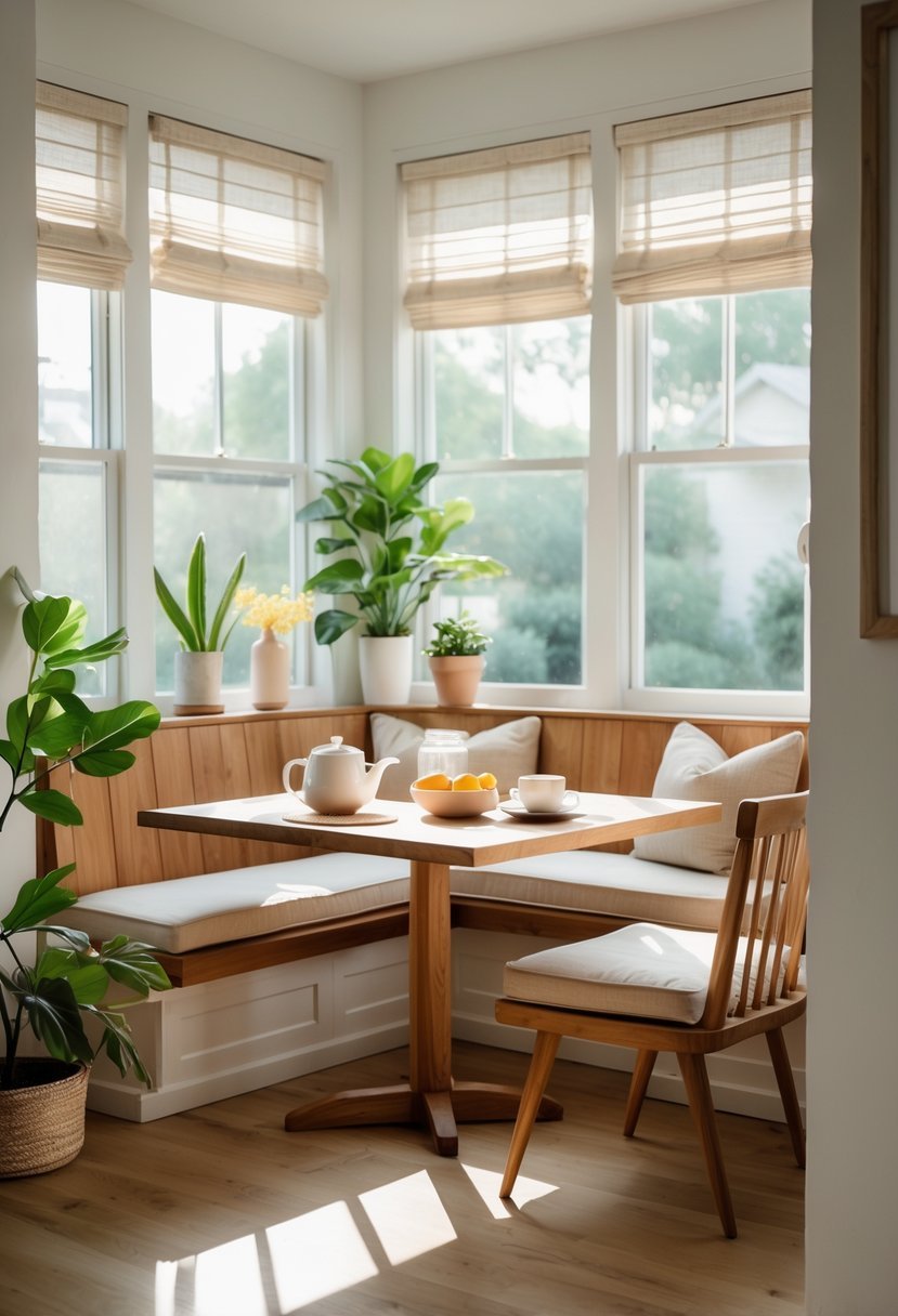 A corner breakfast nook with wooden chairs and bench seating around a wooden table set for breakfast.