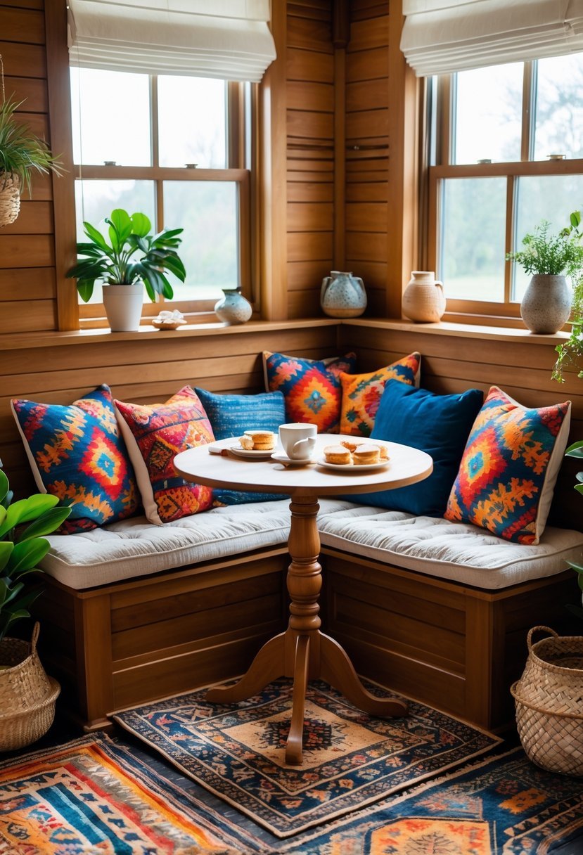 A cozy corner breakfast nook with a wooden bench, colorful cushions, patterned rugs, a small round table with breakfast items, and plants nearby.