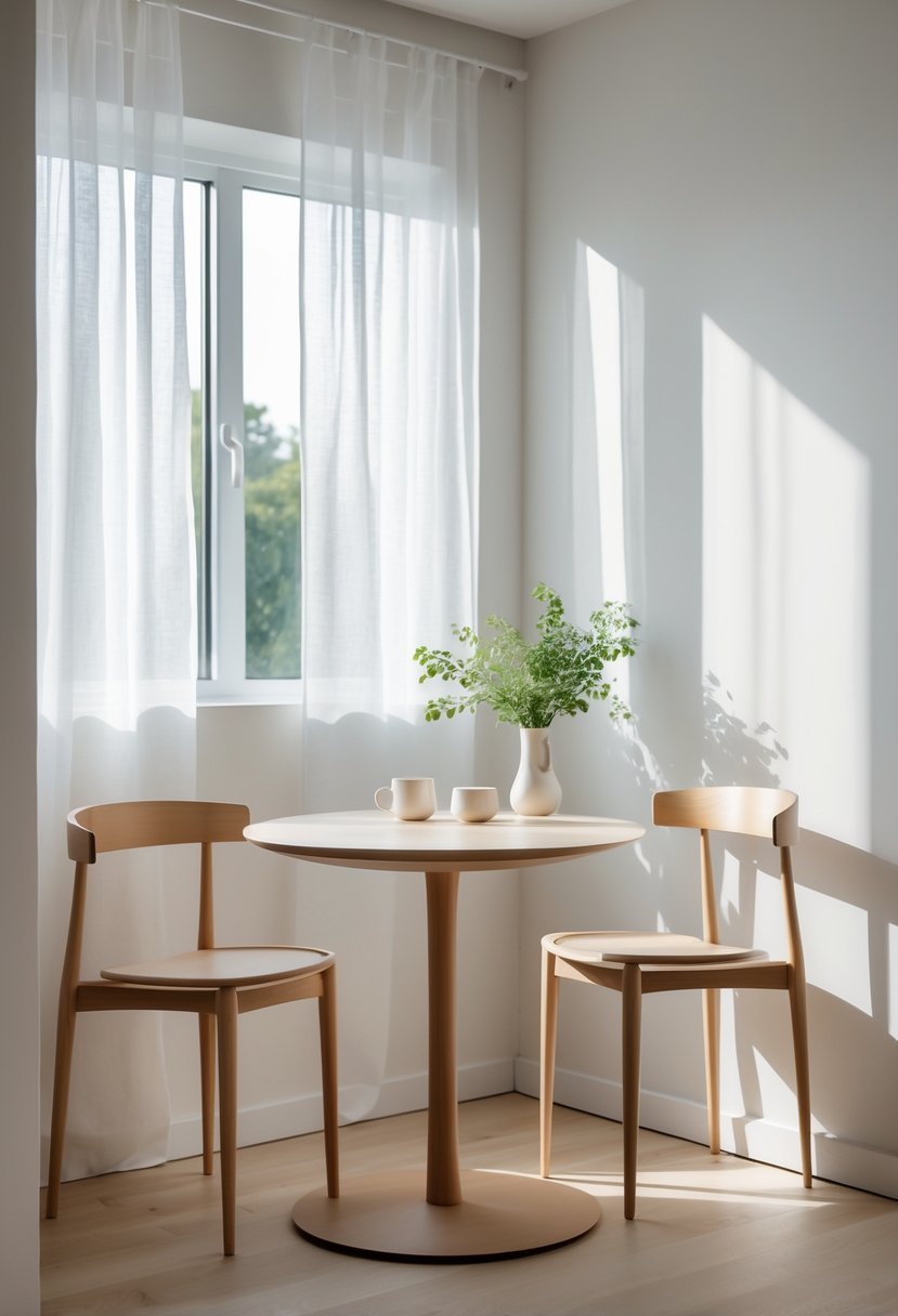 A small corner breakfast nook with a round wooden table, two chairs, a coffee cup, and a vase with green leaves by a window.