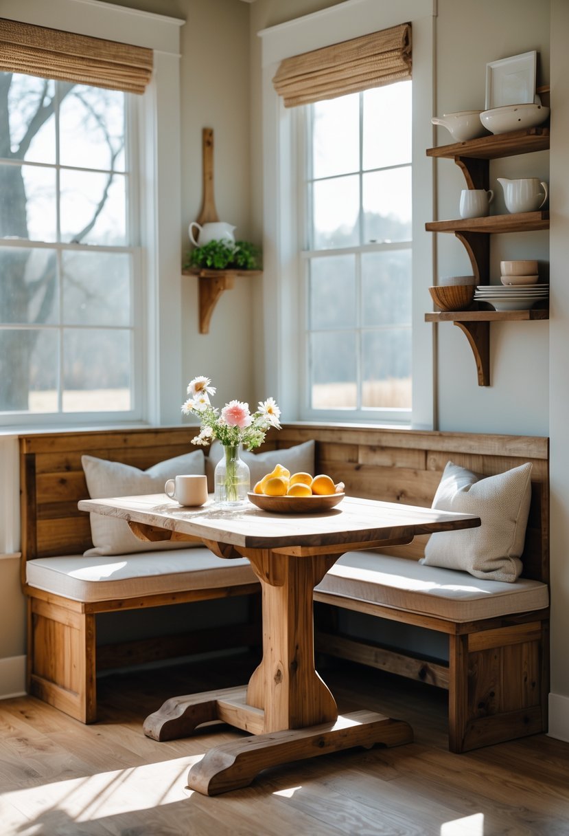 A breakfast nook with a wooden table and corner bench, decorated with cushions, flowers, and fruit in a bright room.