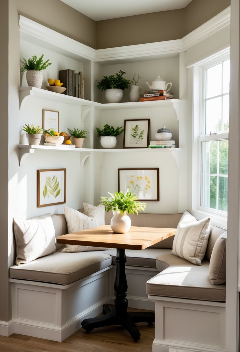 A corner breakfast nook with built-in shelves above, decorated with plants, vases, and books, featuring a wooden table and cushioned bench seating.