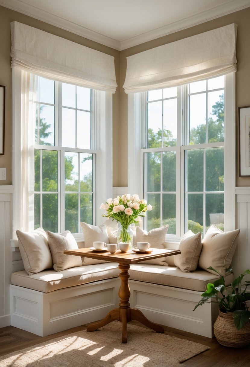 Corner breakfast nook with a window seat and plush cushions, a small wooden table with flowers and coffee cups, bright natural light coming through large windows.
