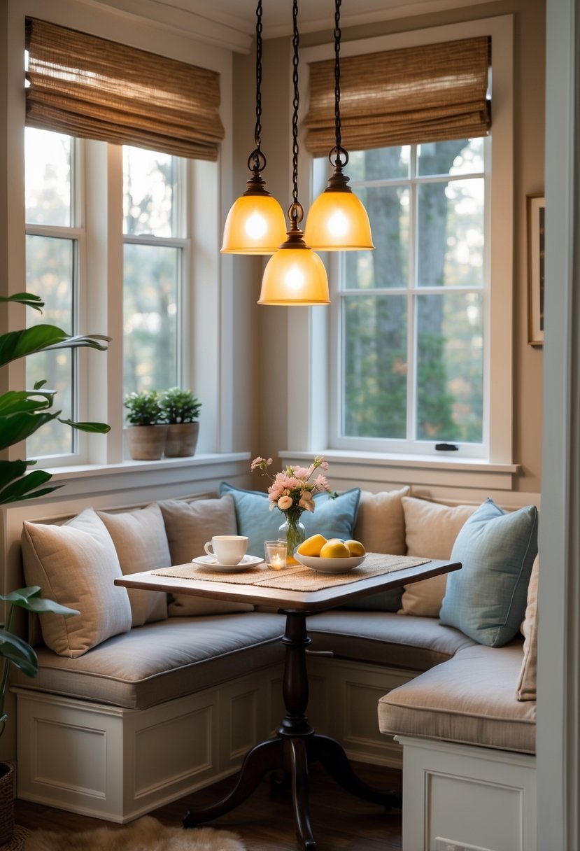 A cozy corner breakfast nook with a small wooden table, cushioned seating, pendant lamps, and breakfast items on the table.