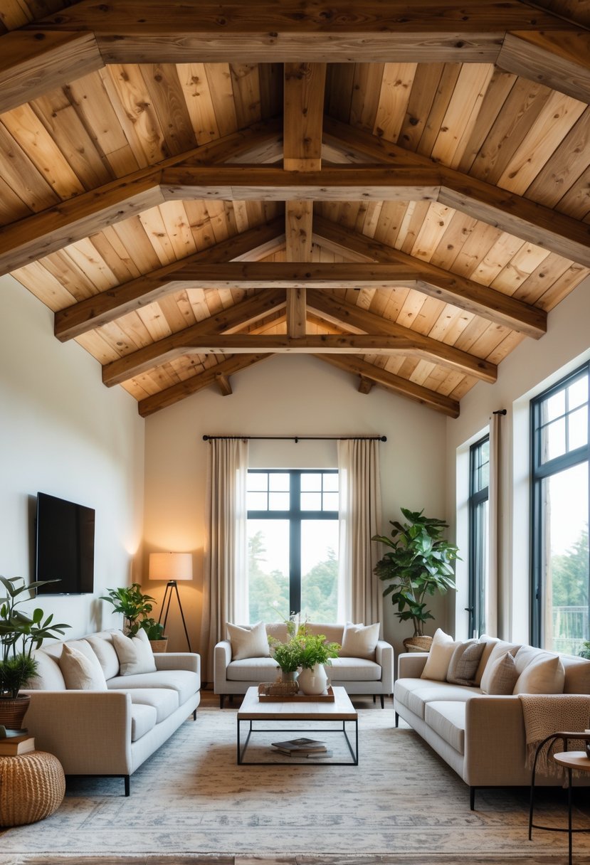 A bright living room with exposed wooden ceiling beams, comfortable sofas, and large windows letting in natural light.
