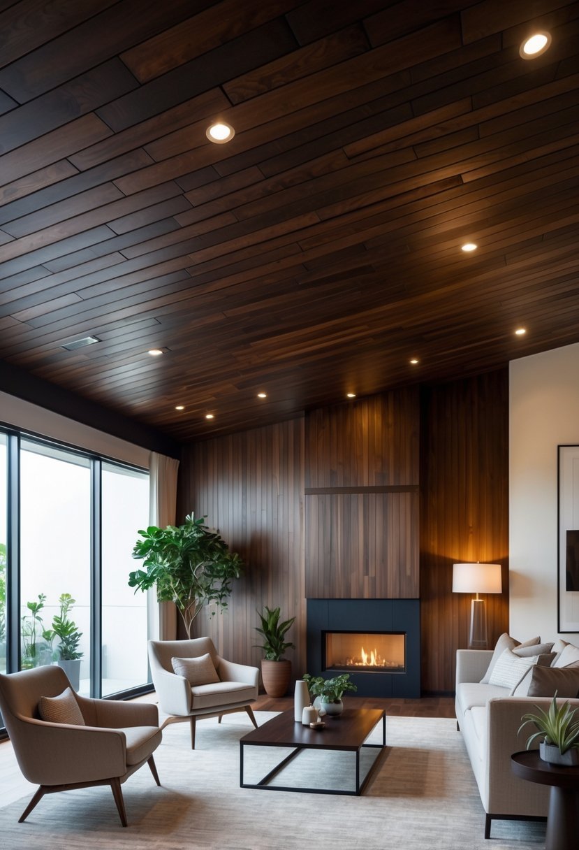 Living room with a dark wooden plank ceiling, comfortable seating, and natural light coming through large windows.