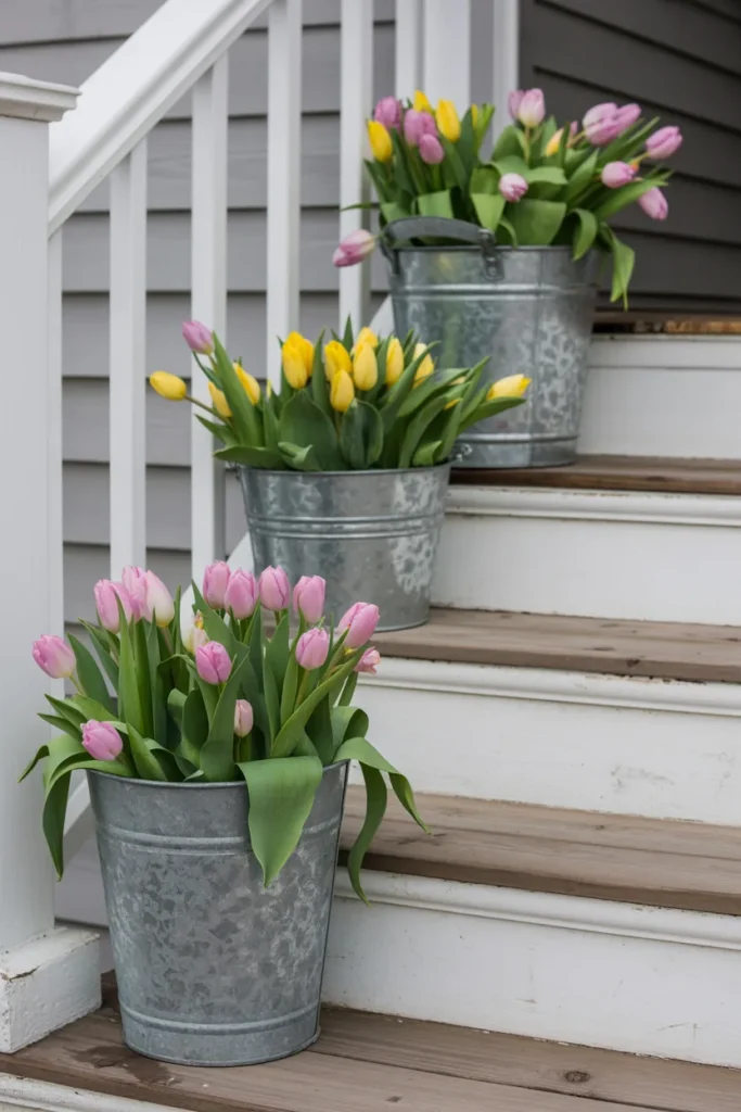 Tulips in Galvanized Buckets