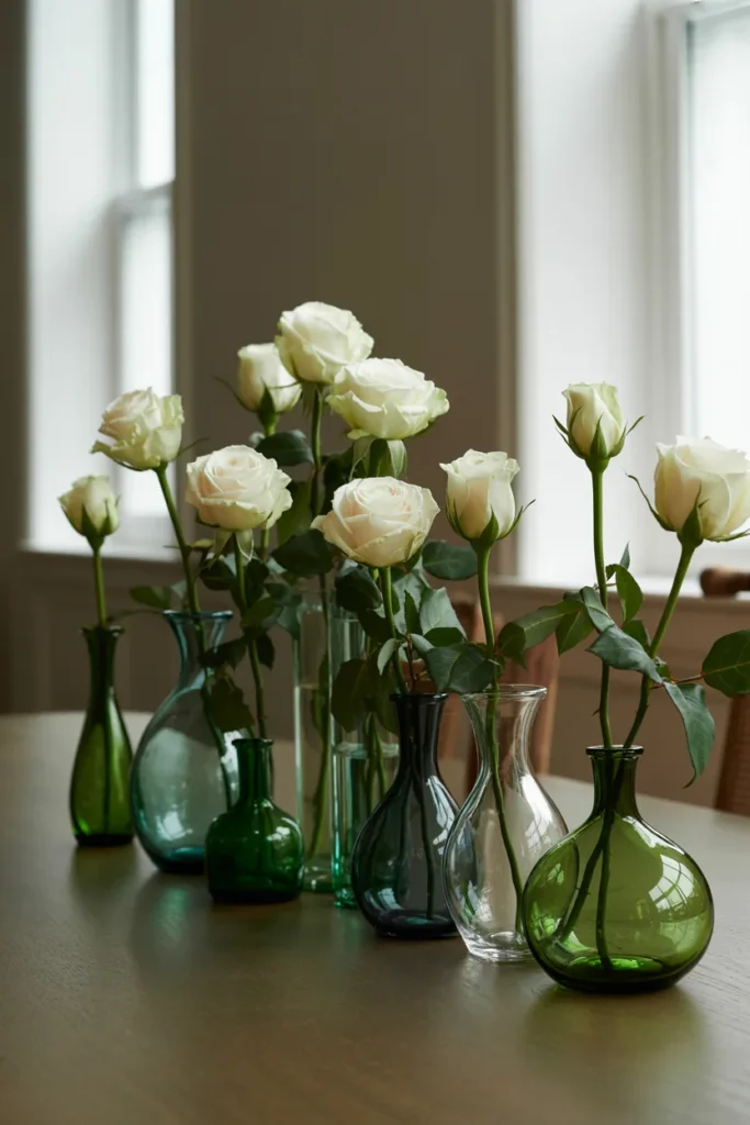 White Roses in Green Vases