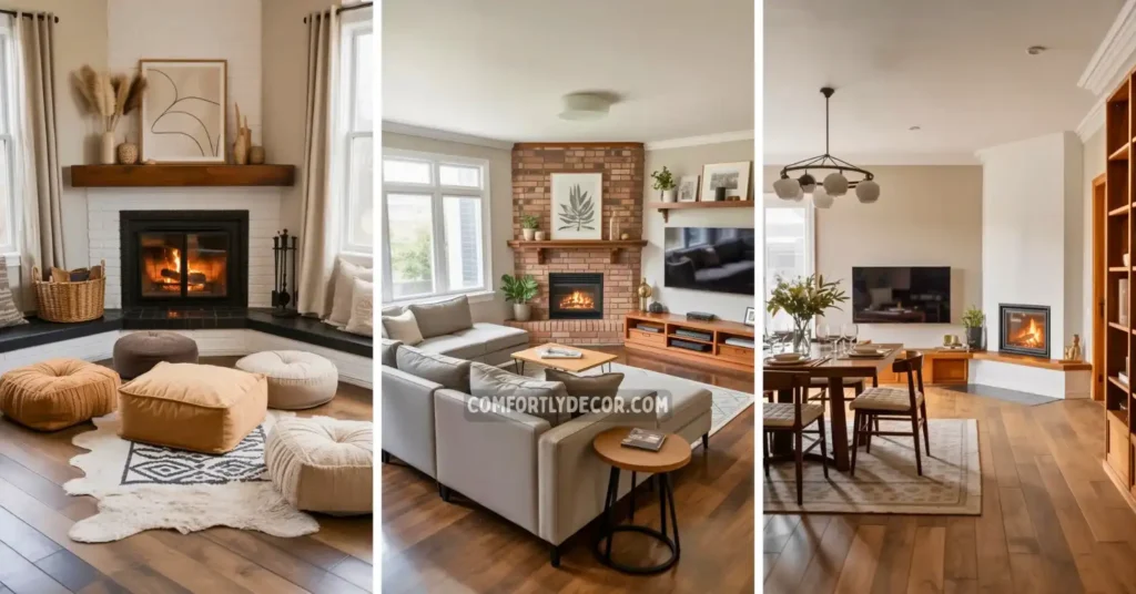 living room layout with corner fireplace