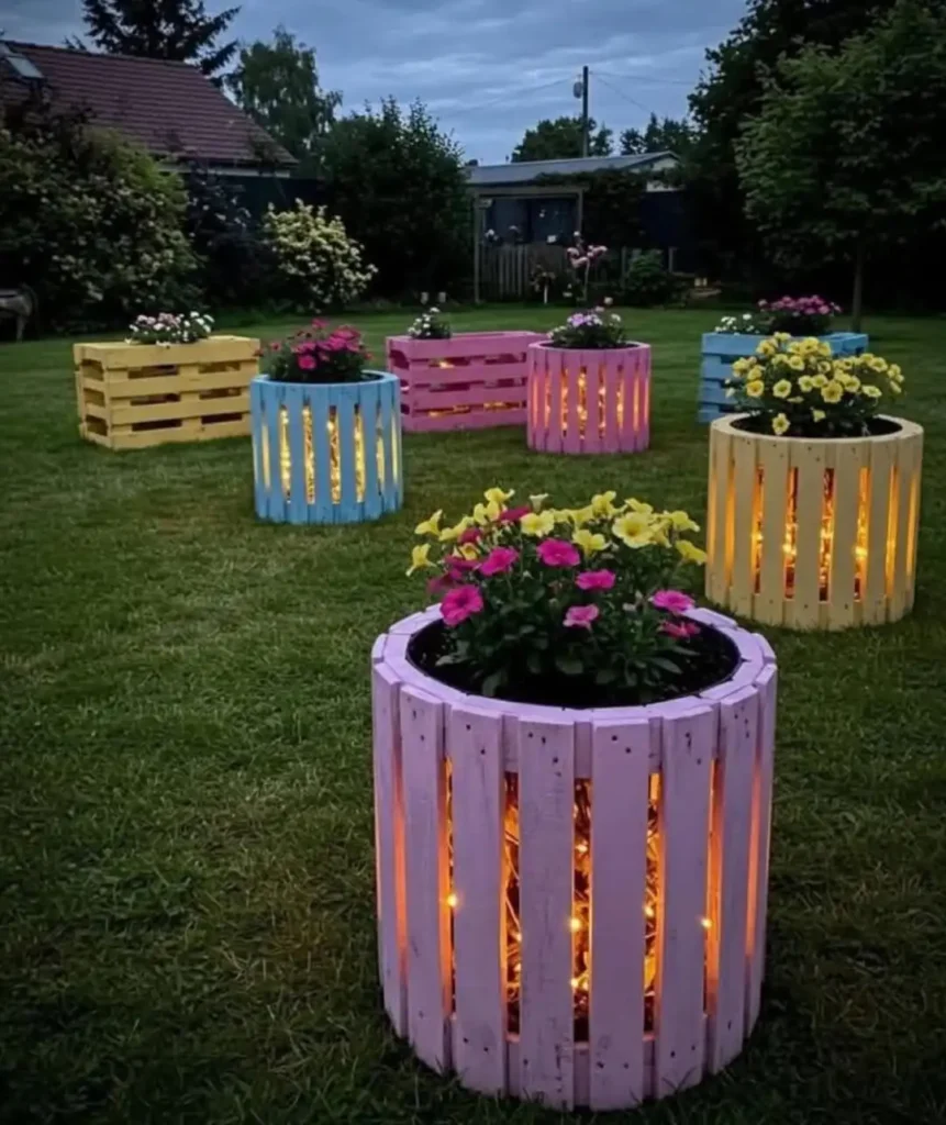 Colorful Pallet Planters with Warm Glow