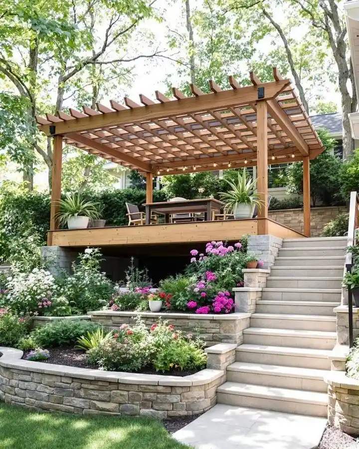 Elevated Pergola Terrace with Layered Stone Walls