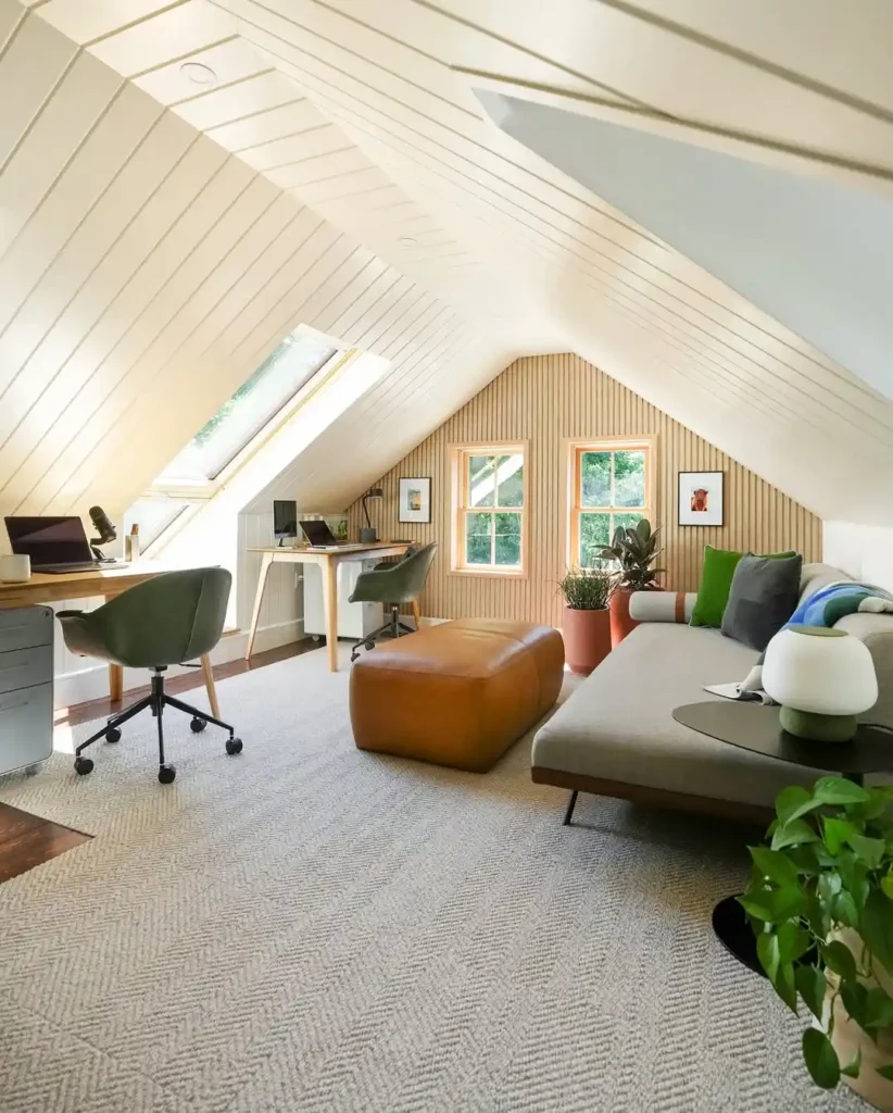 Bright Scandinavian Attic Office with Dual Workstations