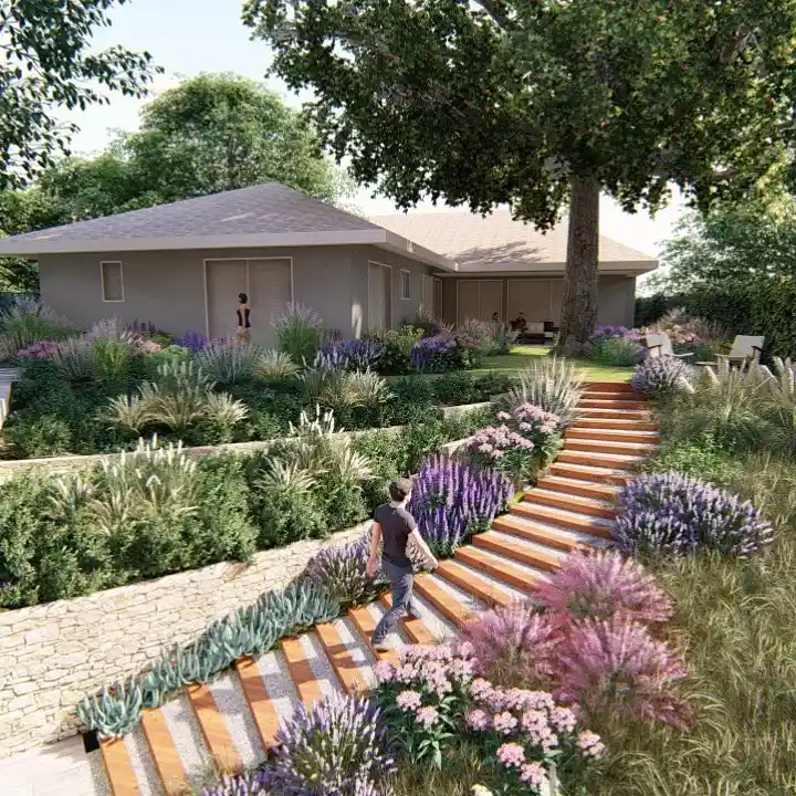 Layered Garden Staircase with Lush Borders