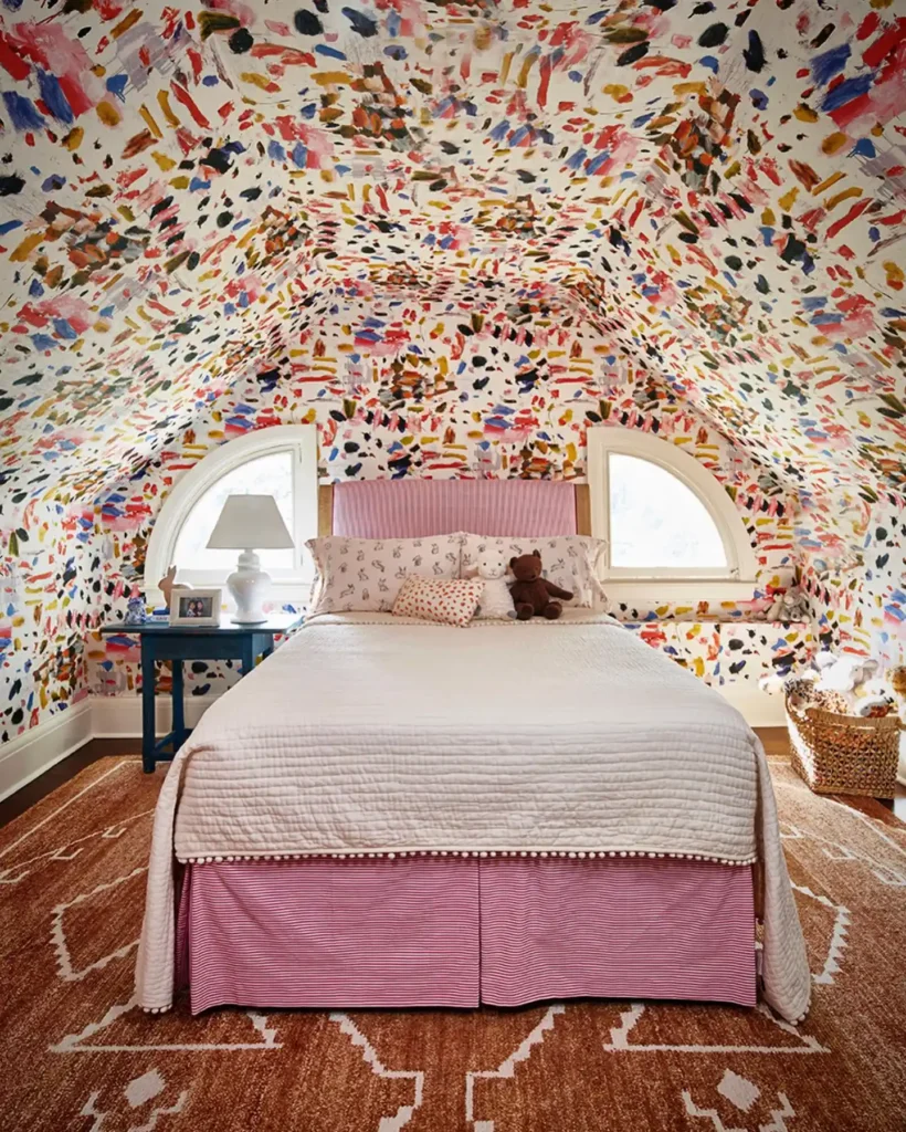 Bold Artistic Attic Bedroom with Statement Wallpaper