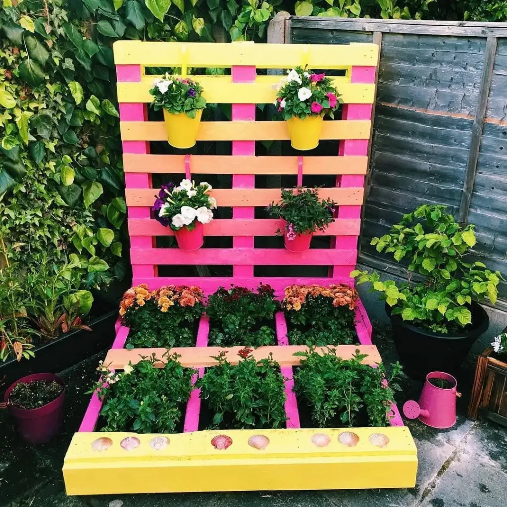 Bright Painted Pallet Garden Display