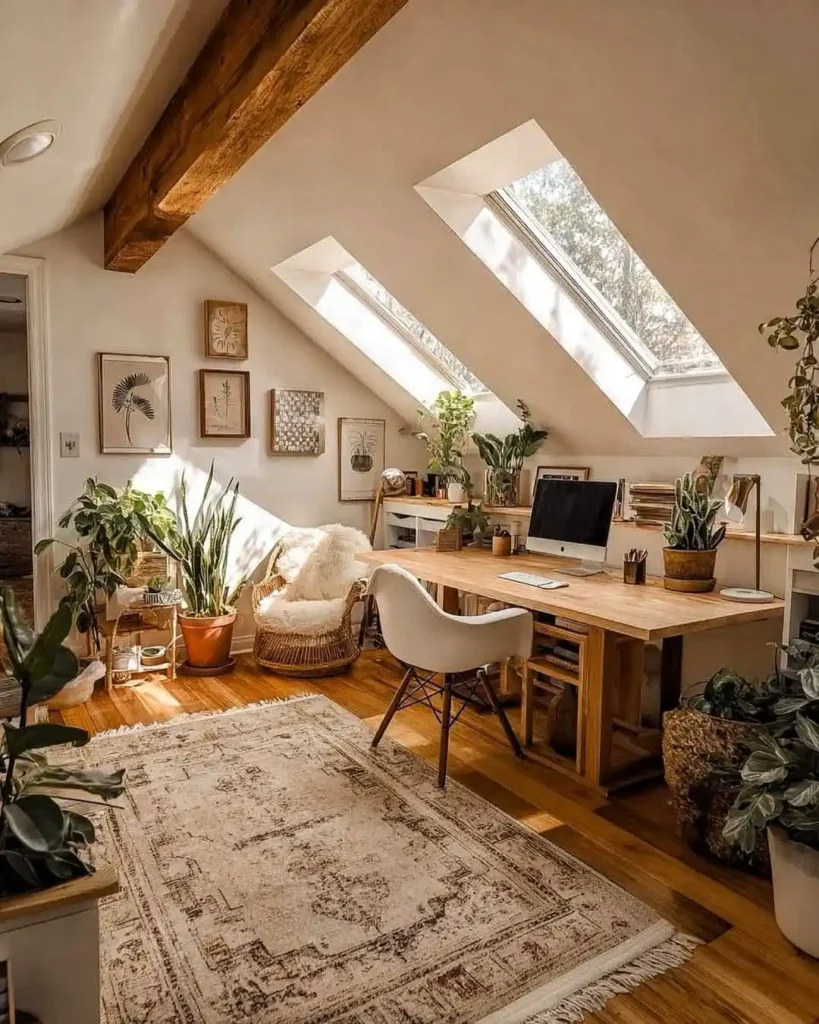 Angular Attic Office with Statement Wall Design