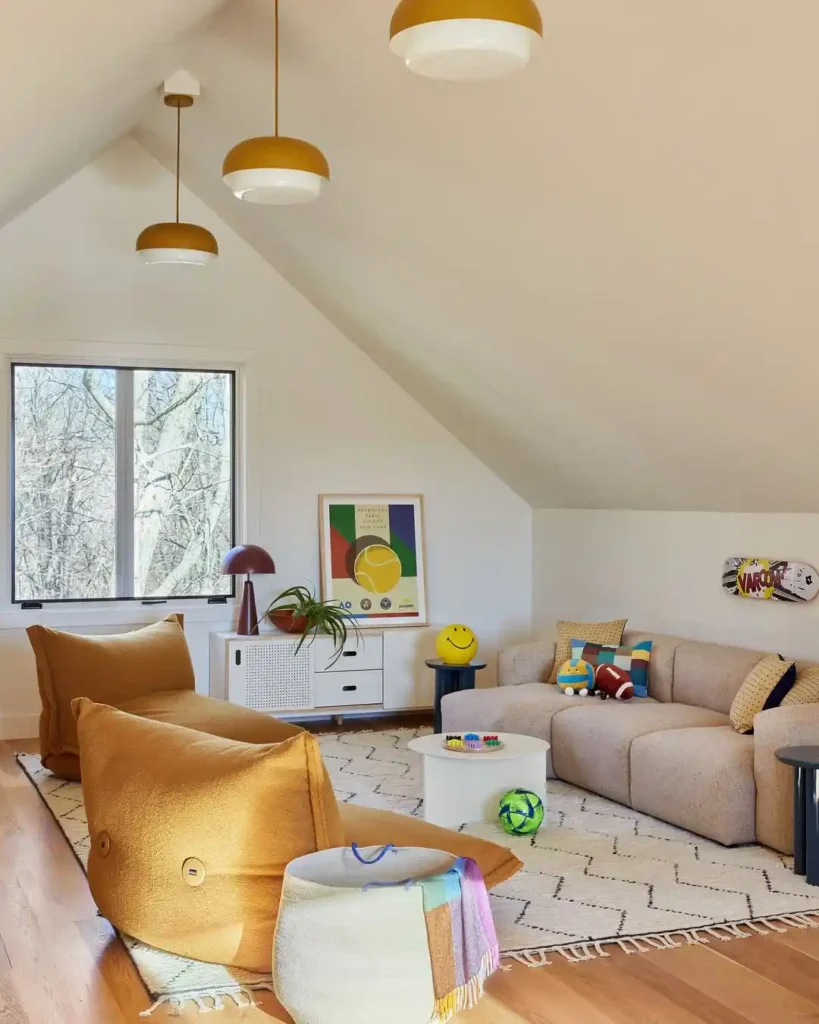 Warm Modern Attic Lounge for Play and Relaxation