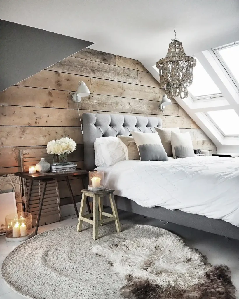 Rustic Scandinavian Attic with Wood Accent Wall