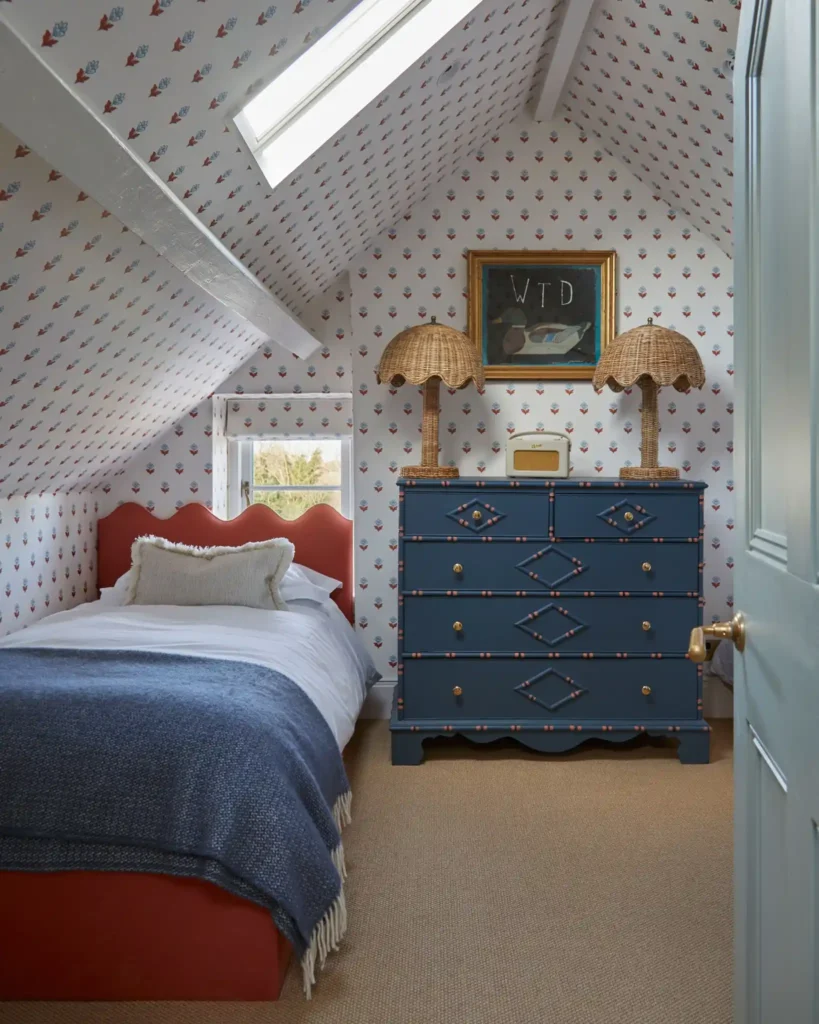 Charming Attic Bedroom with Classic Patterned Wallpaper