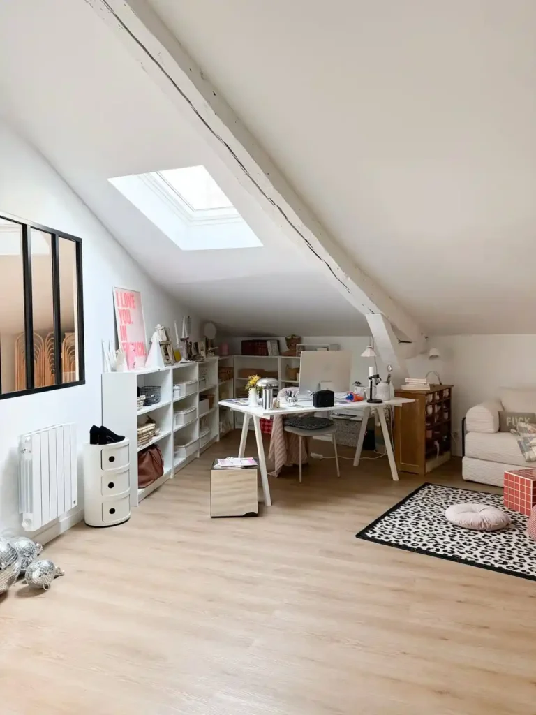 Minimal White Attic Office with Built In Storage Wall