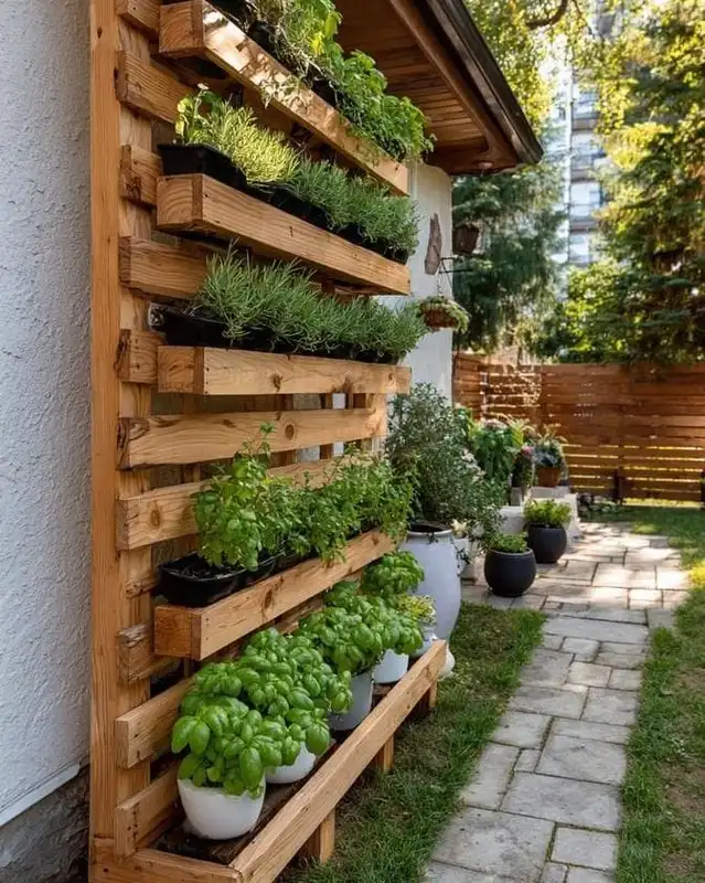 Vertical Herb Wall with Wooden Shelving