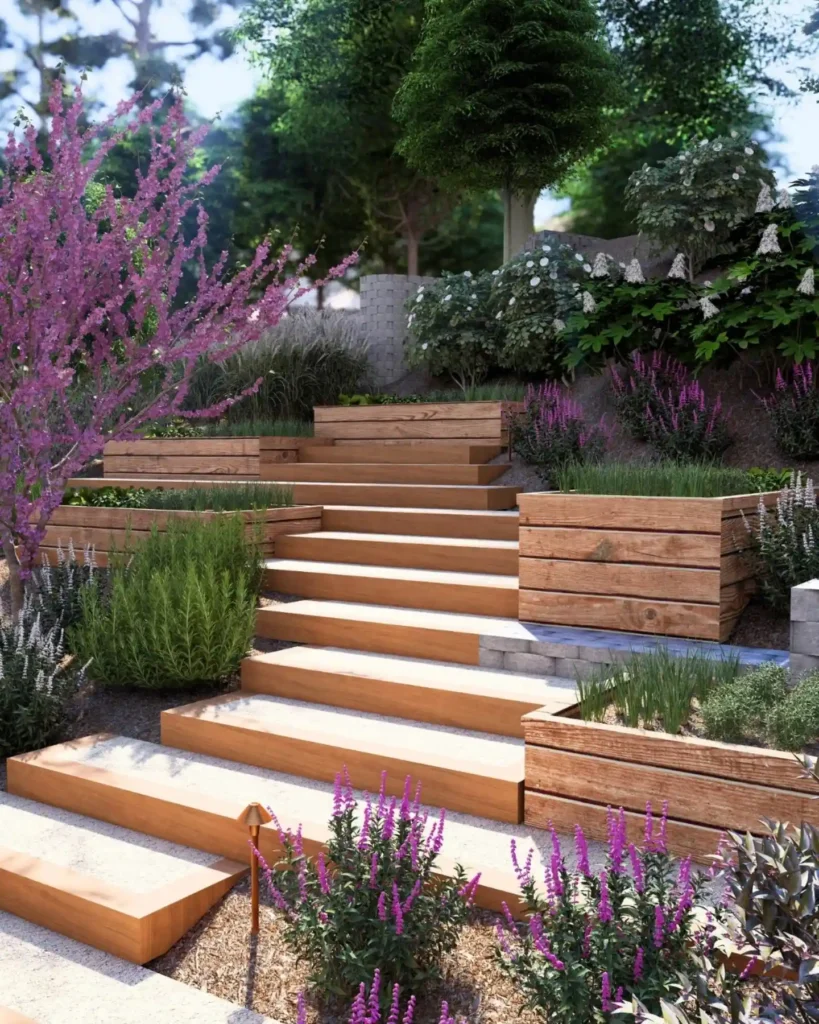 Structured Wooden Terraces with Blooming Accents