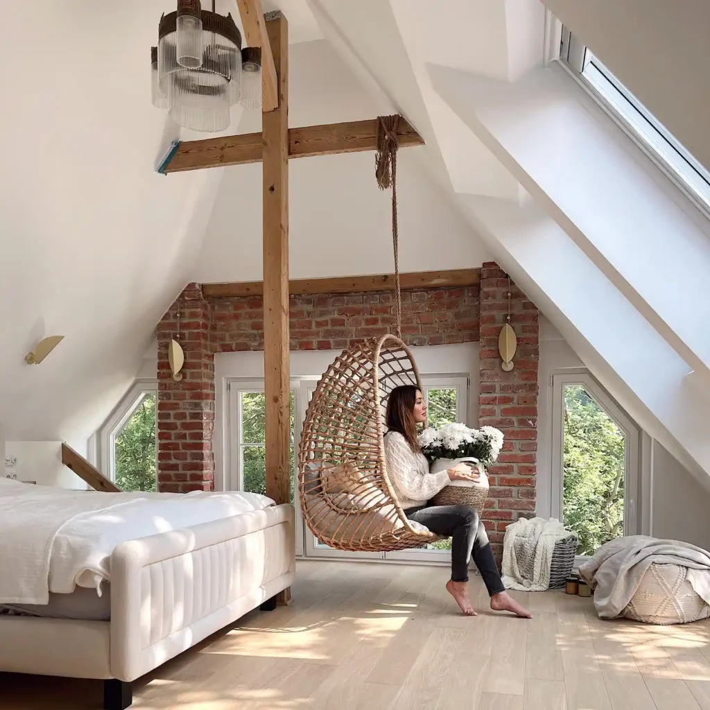 Airy Attic Bedroom with Hanging Chair Feature