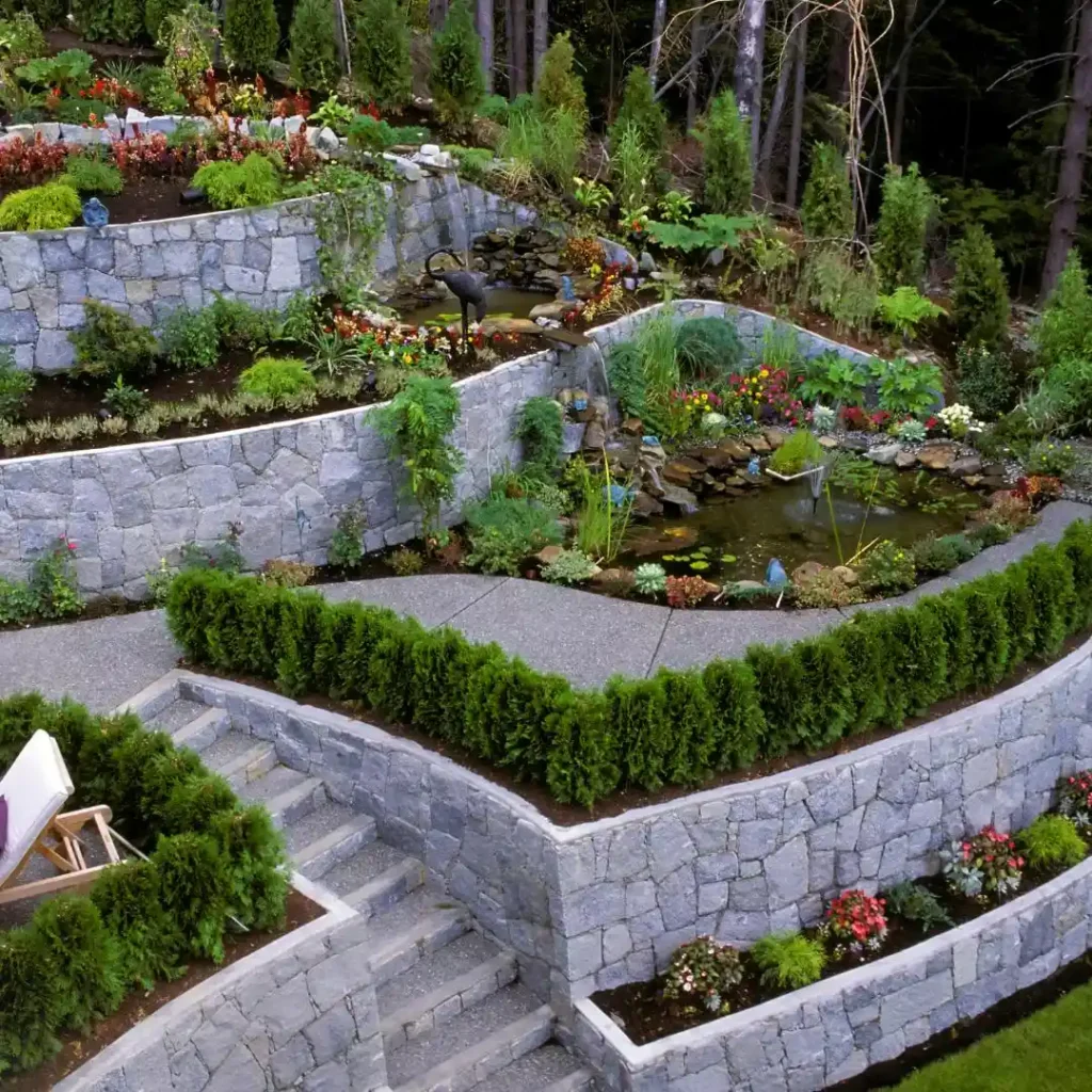 Multi Level Stone Retaining Garden with Water Feature