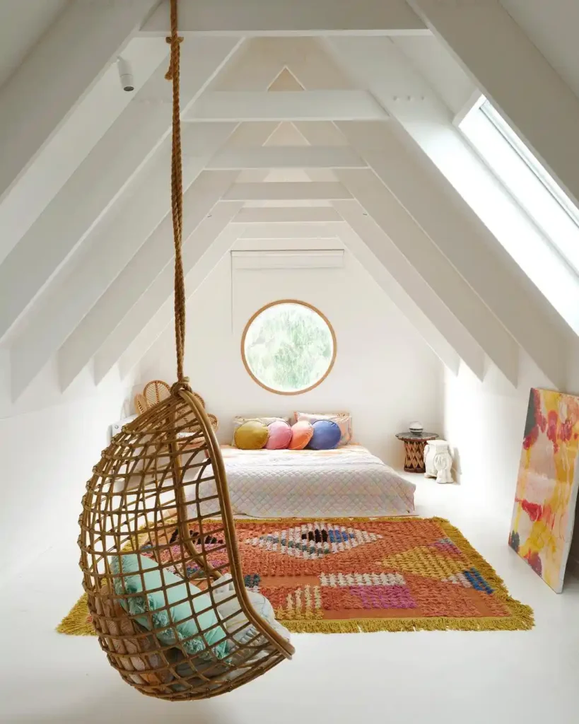 Minimal White Attic with Playful Color Accents