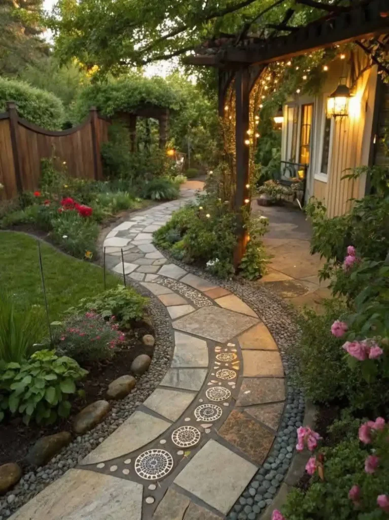 Curved Stone Path with Romantic Pergola Lighting