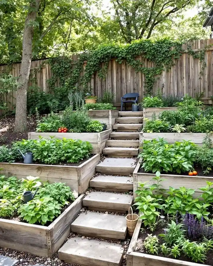 Tiered Wooden Garden Beds with Central Steps