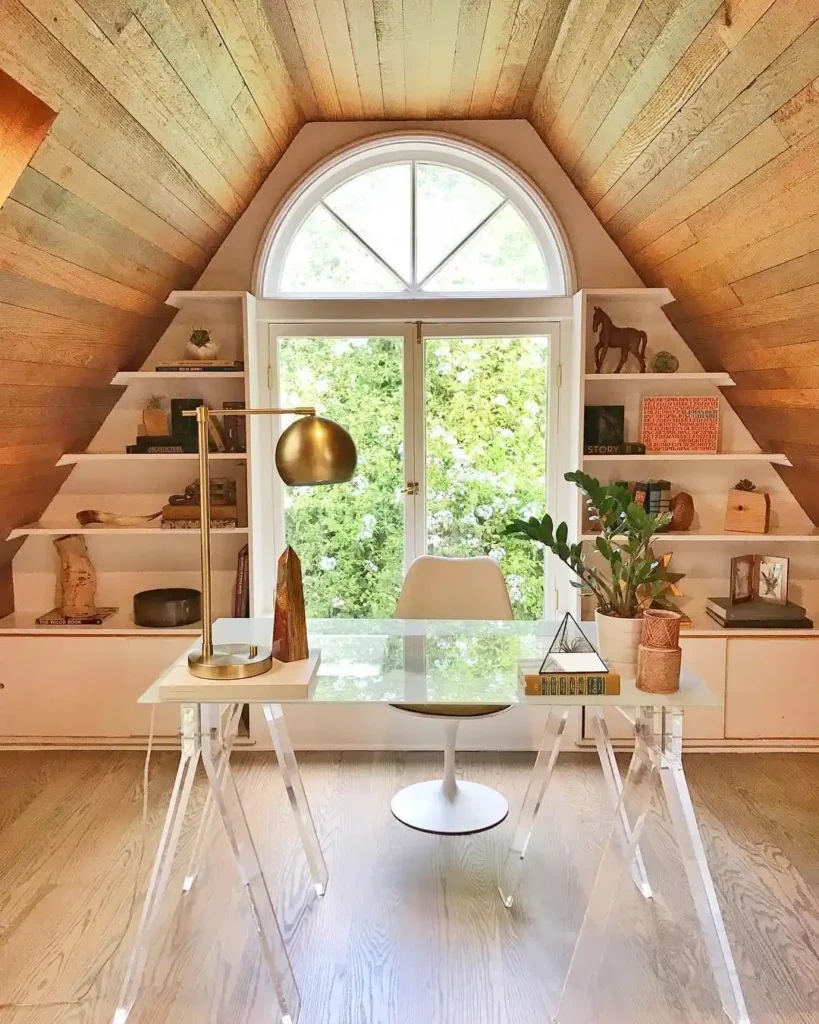 Symmetrical Attic Office with Built In Shelving