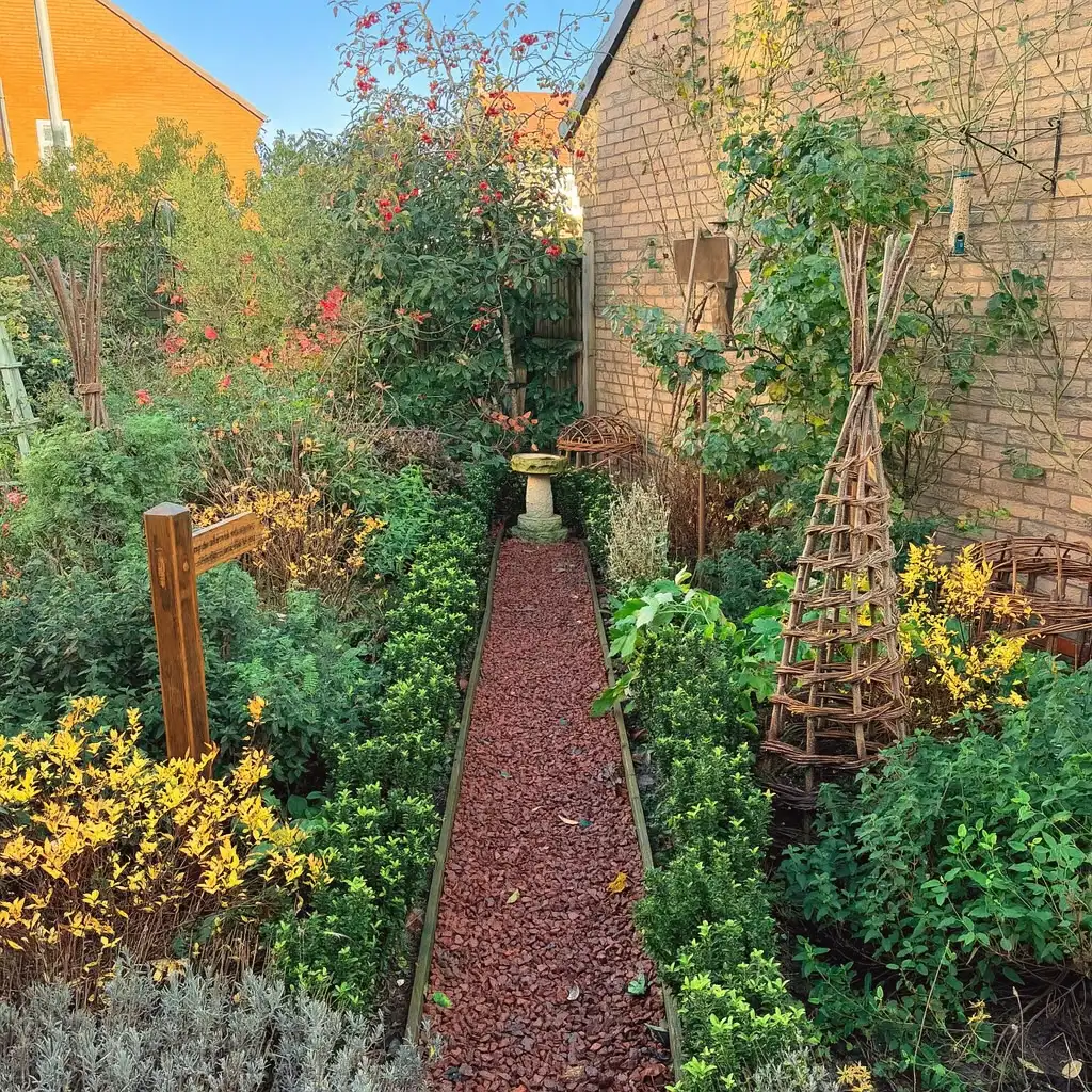 Narrow Woodland Garden with Natural Textures
