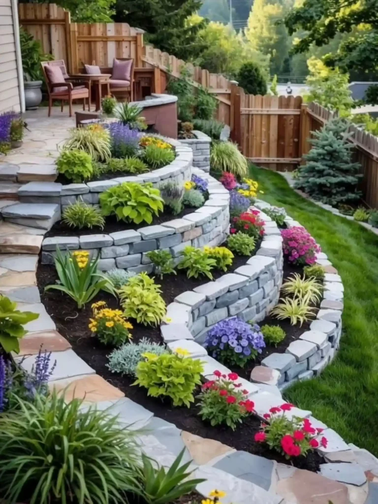 Curved Tiered Retaining Garden with Vibrant Blooms