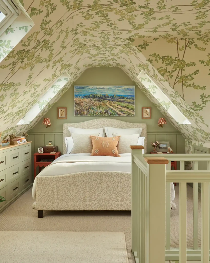 Nature Inspired Attic with Botanical Wallpaper Ceiling