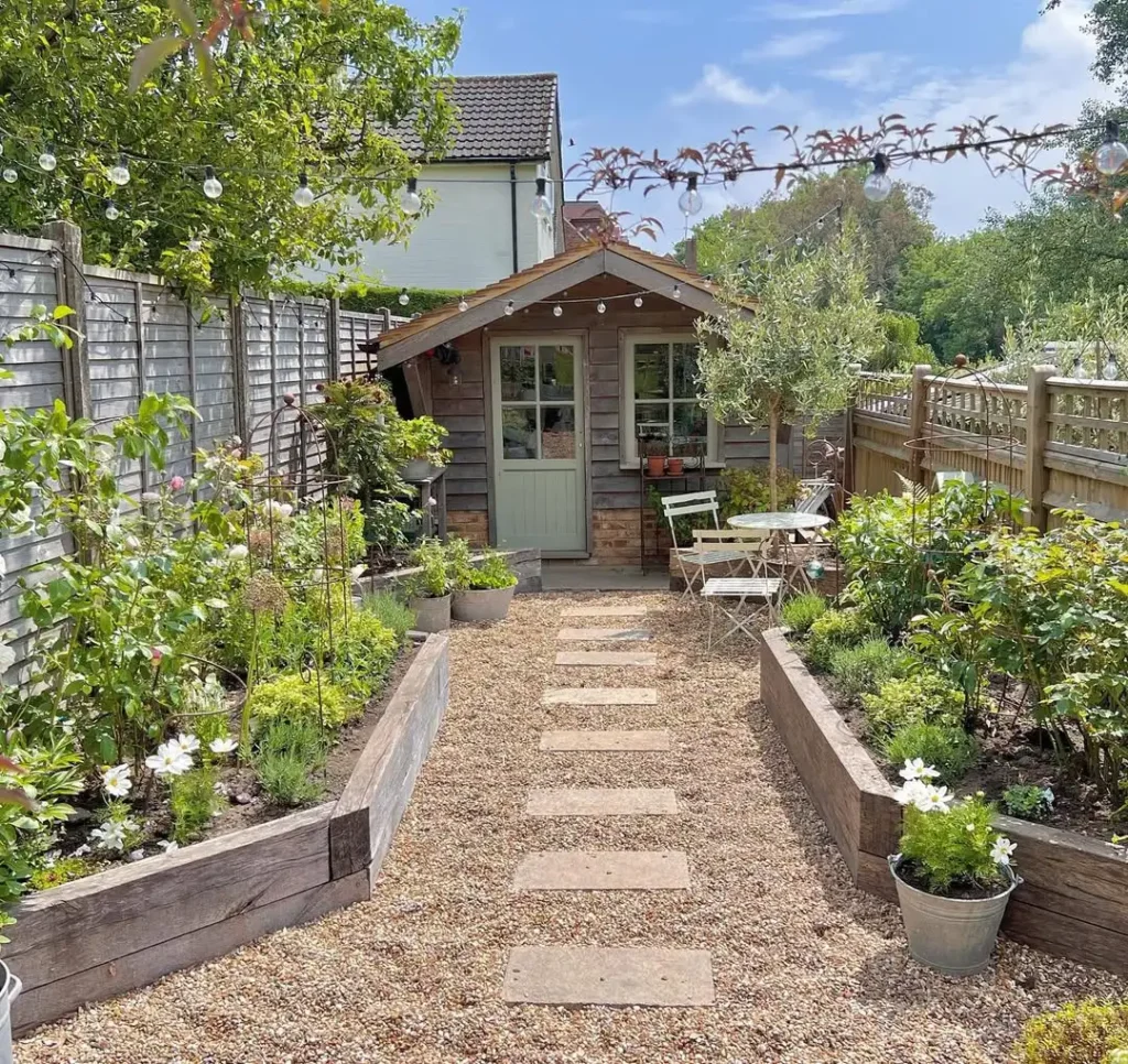 Charming Garden Shed Focal Point with String Lights