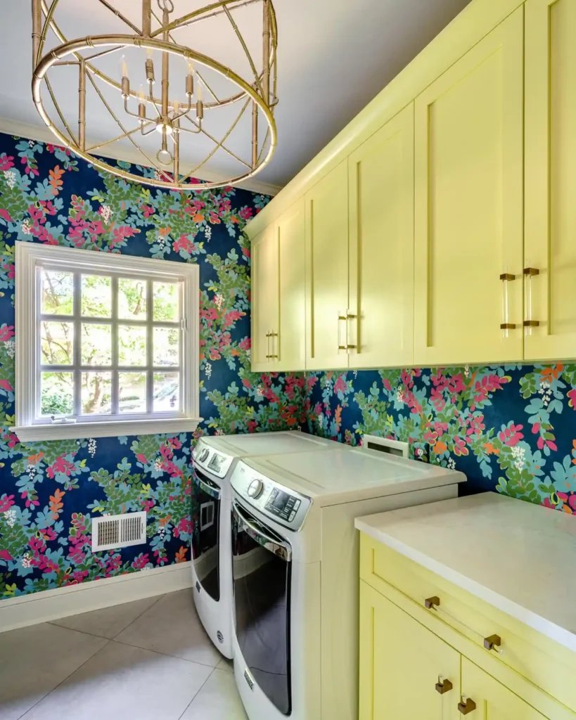 Bold Floral Energy with Bright Cabinet Contrast