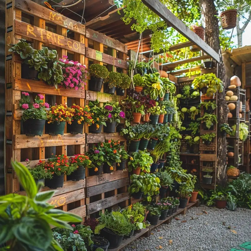 Pallet Garden Wall with Hanging Pots