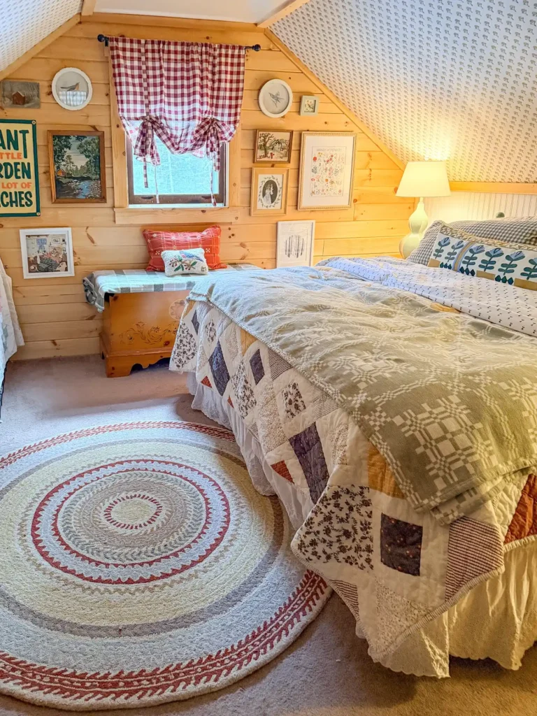 Rustic Cabin Style Attic Bedroom with Wood Paneling