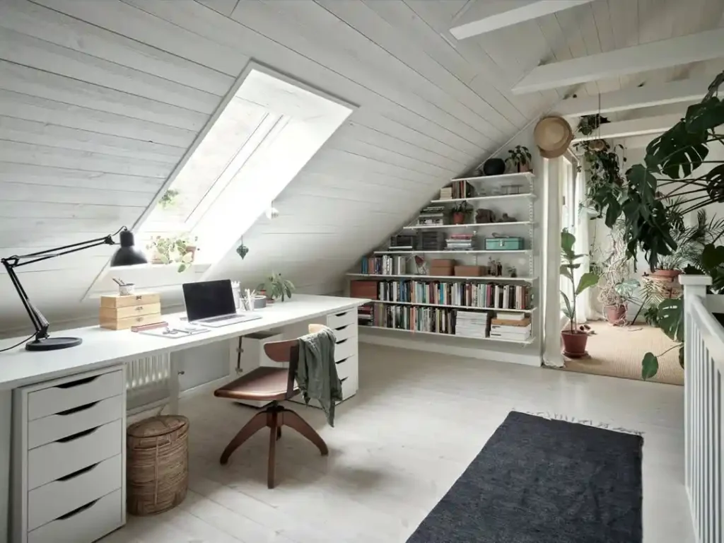 Airy White Attic Office with Botanical Touches