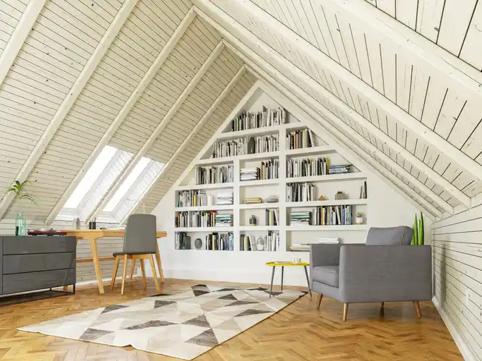 Statement Attic Office with Built In Feature Wall