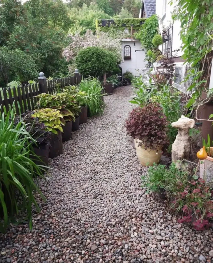 Rustic Gravel Path with Layered Planters