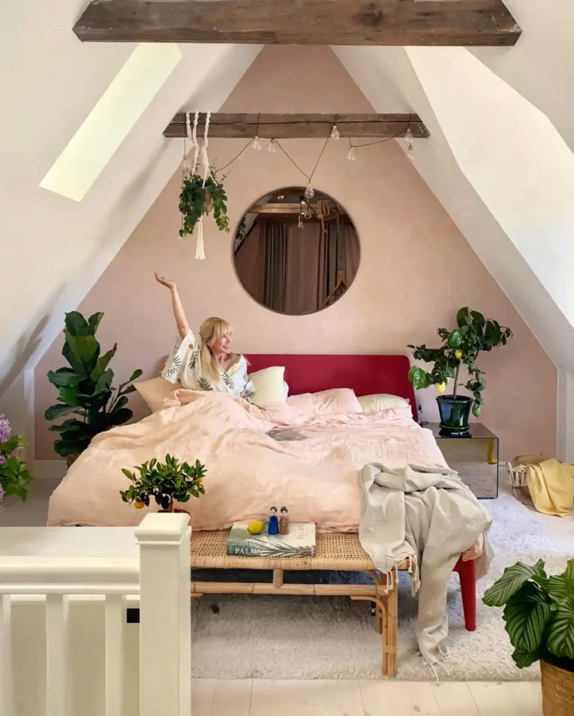 Soft Blush Attic Bedroom with Boho Touches