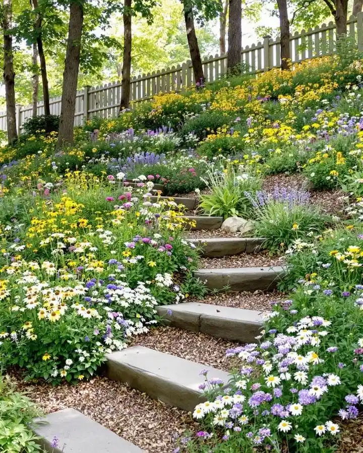Wildflower Terraced Slope with Rustic Steps
