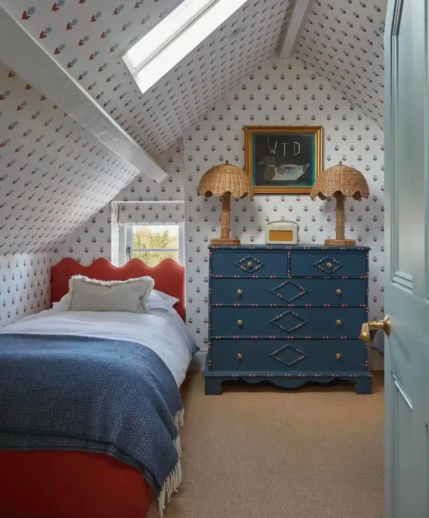Patterned Attic Bedroom with Classic Charm