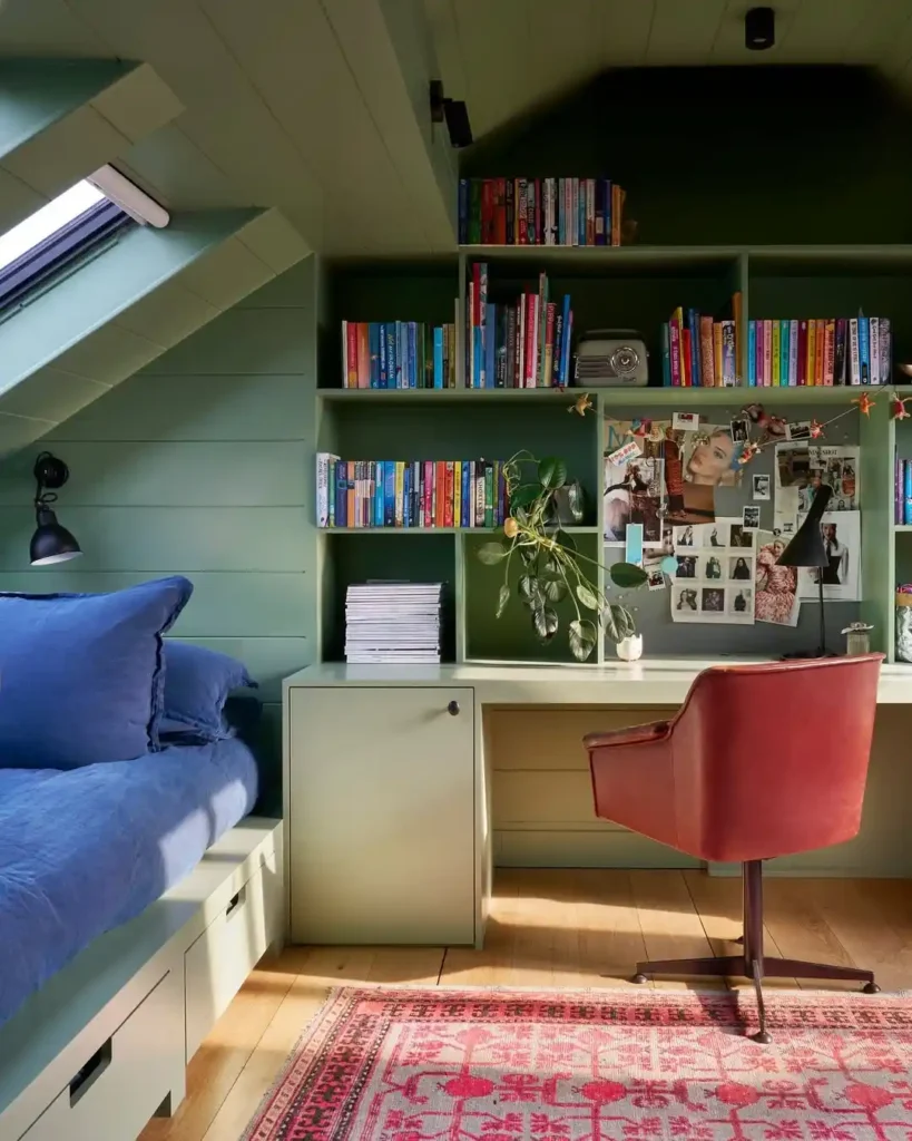 Creative Attic Office with Built In Desk and Shelving